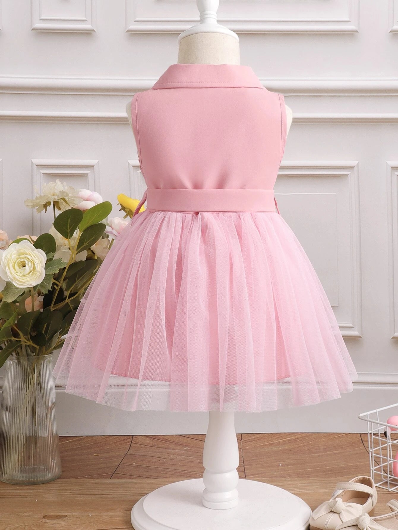 Baby Girl Double Button Mesh Hem Belted Dress