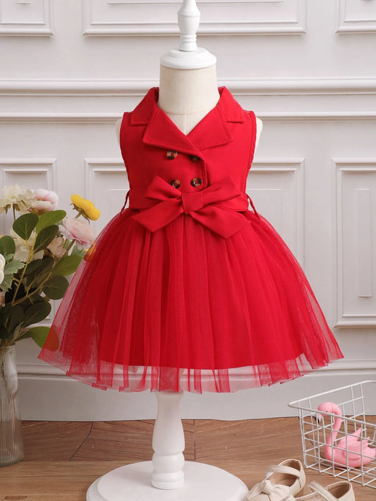 Baby Girl Double Button Mesh Hem Belted Dress Red