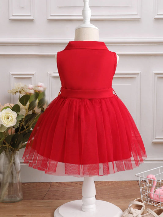 Baby Girl Double Button Mesh Hem Belted Dress