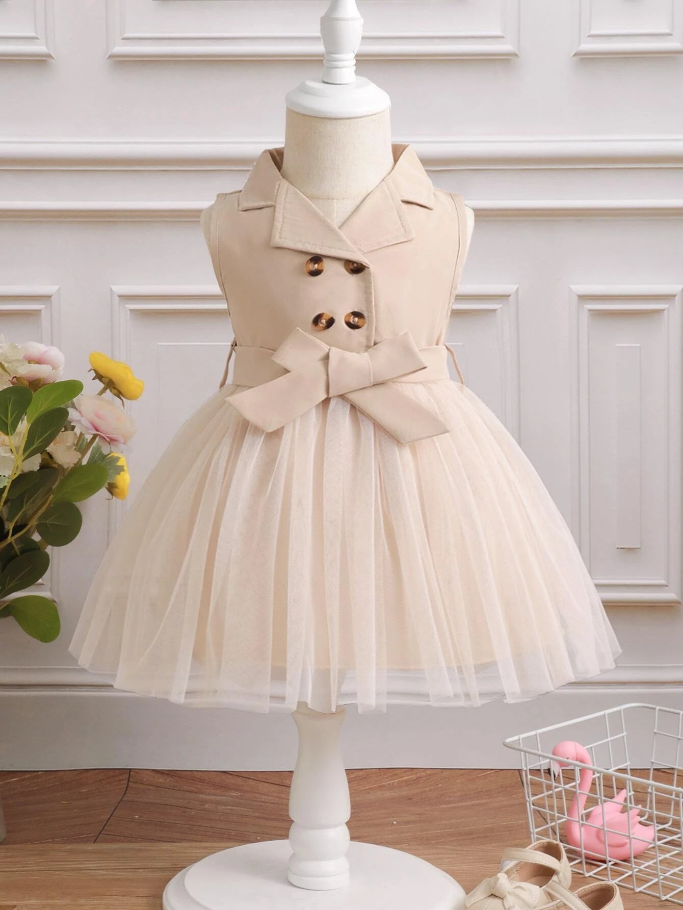 Baby Girl Double Button Mesh Hem Belted Dress Apricot
