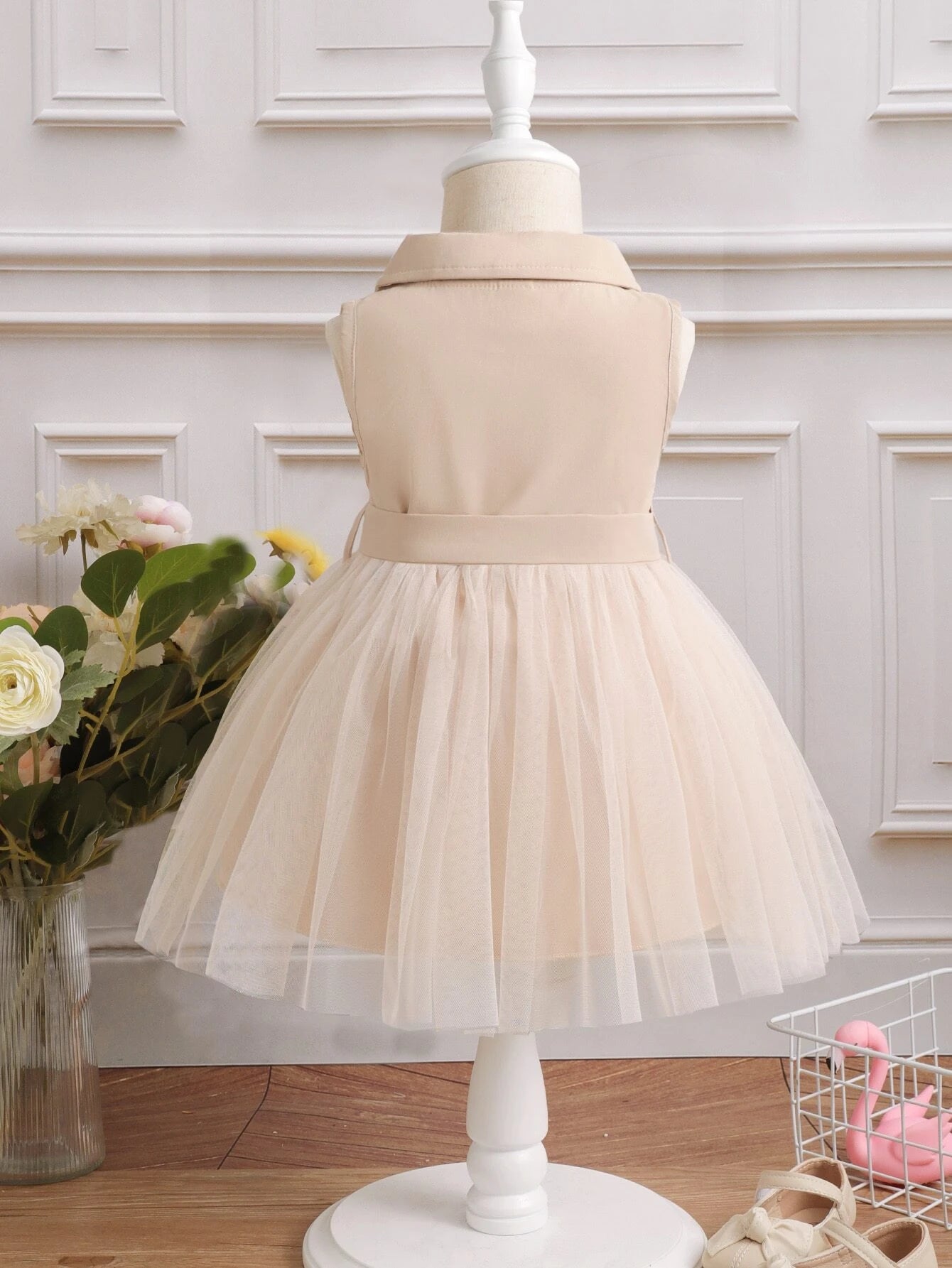 Baby Girl Double Button Mesh Hem Belted Dress