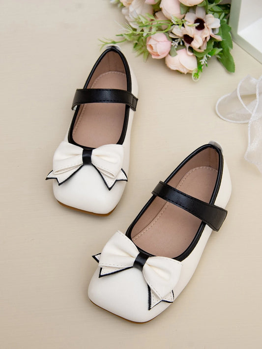 Girls Bow Decor Square Toe Mary Jane Flats Beige
