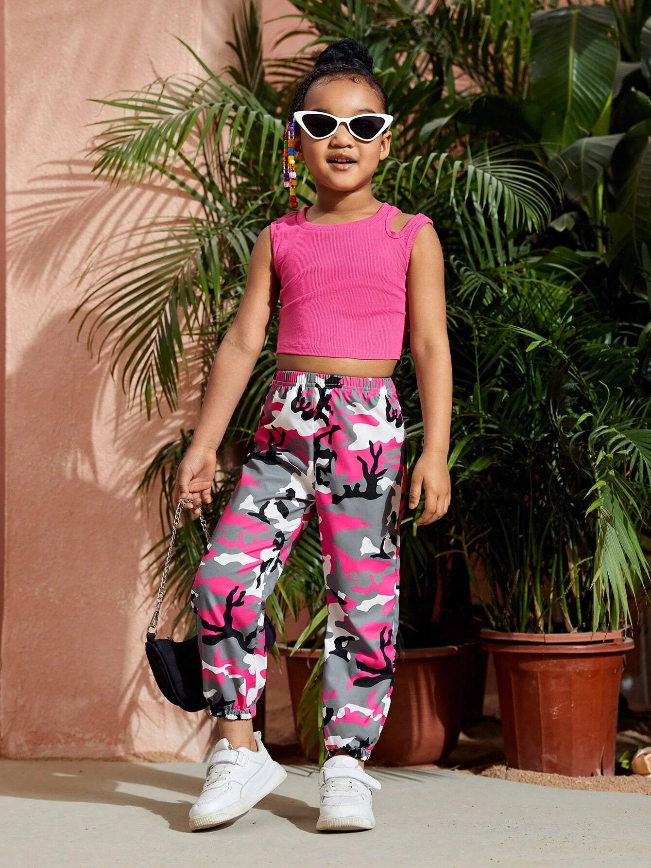 Young Girl Cut Out Tank Top & Camo Print Pants Multicolor