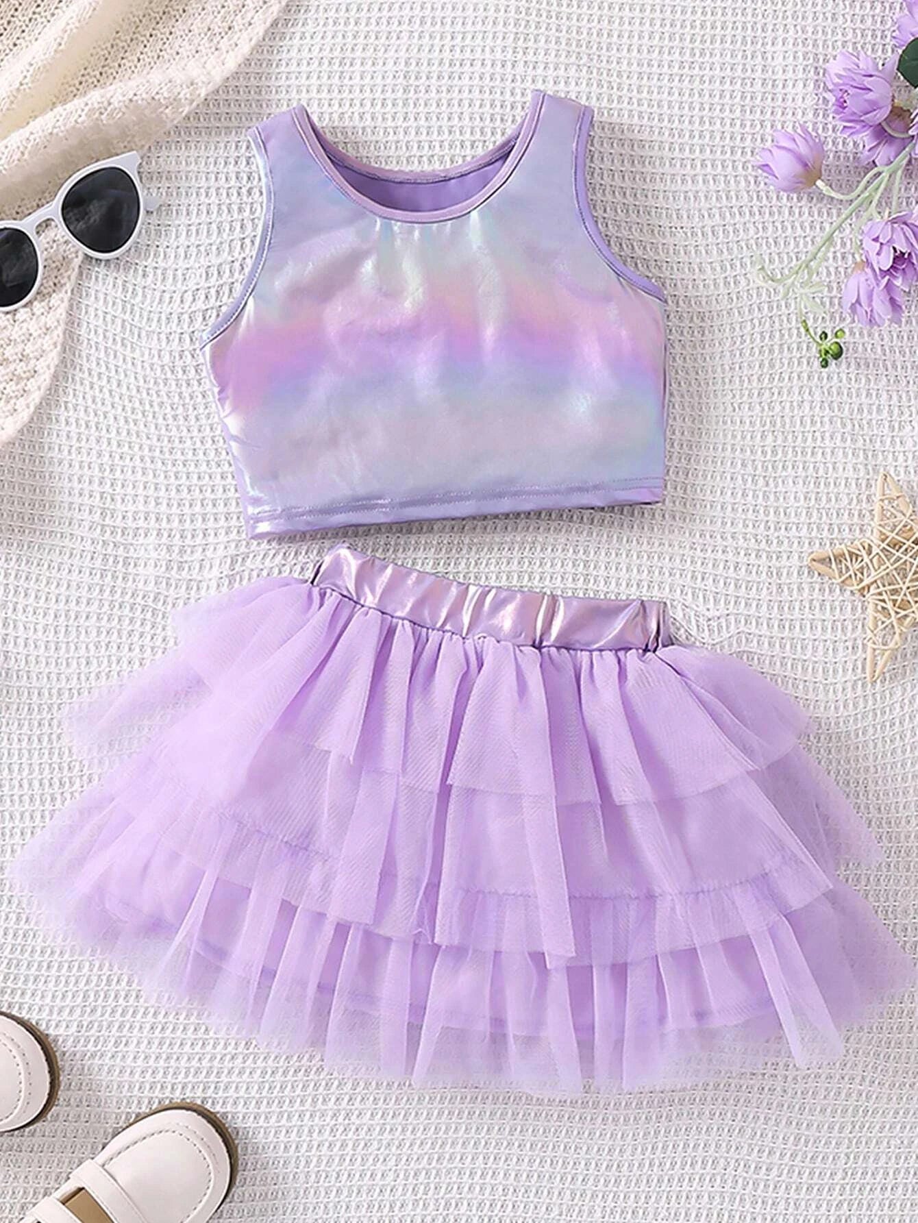 Young Girl Fashionable And Cute Pink Ombre Vest And Gauze Skirt Set Purple