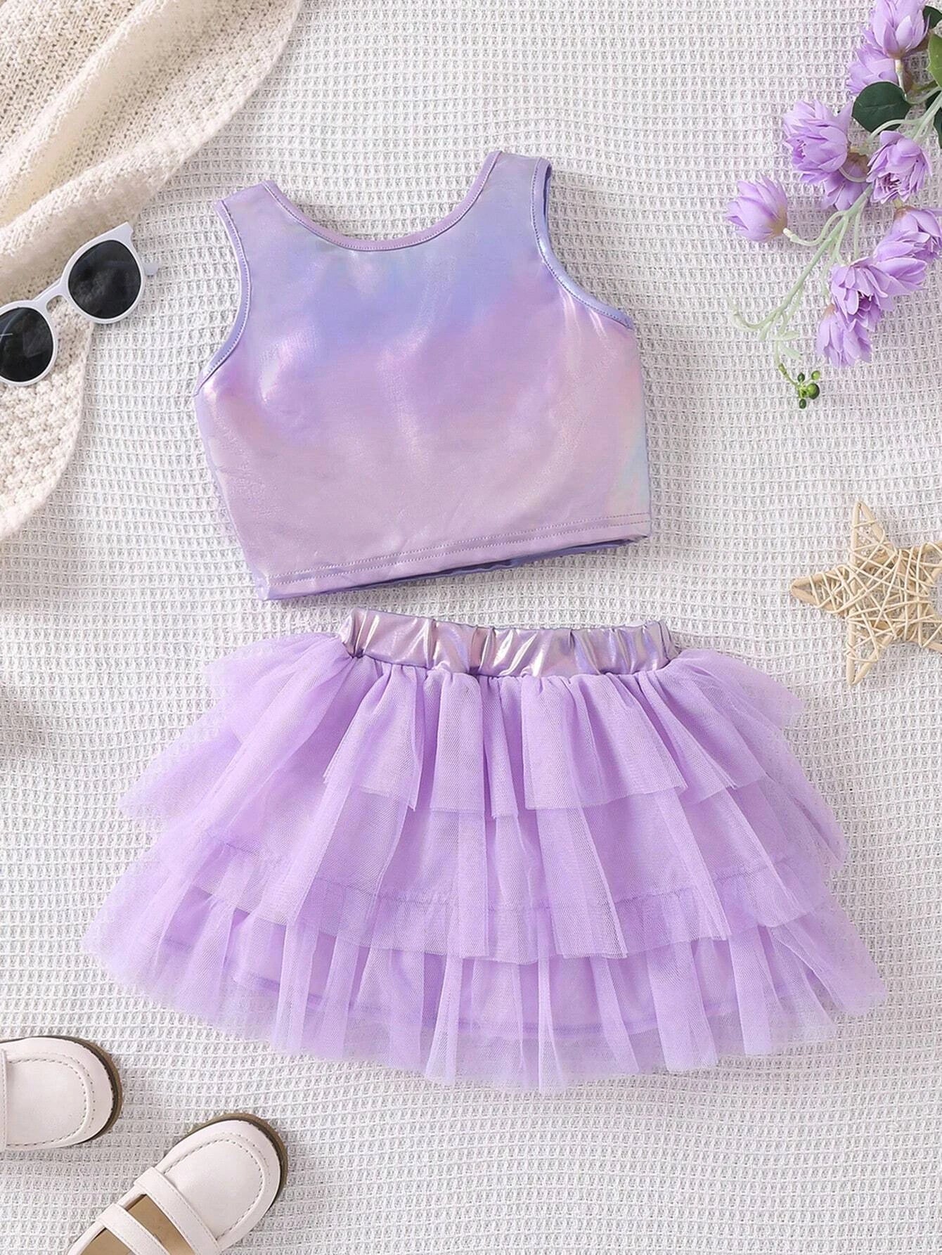 Young Girl Fashionable And Cute Pink Ombre Vest And Gauze Skirt Set