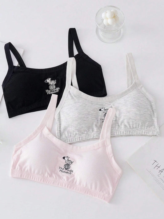 Tween Girl 3pcs Slogan & Cartoon Graphic Bralette Multicolor