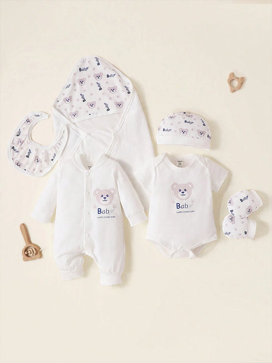 Newborn Baby Boy Cartoon Graphic Bodysuit & Jumpsuit & Blanket & Hat & Bib & Gloves White