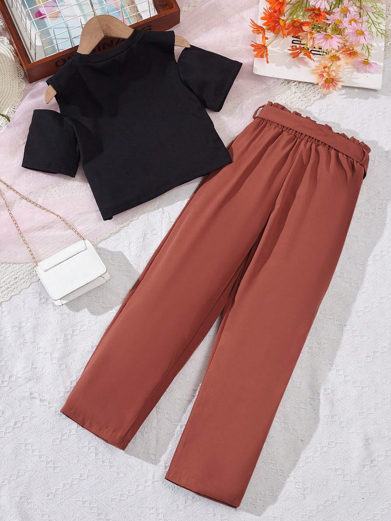 Tween Girl Cold Shoulder Tee & Paperbag Waist Belted Pants