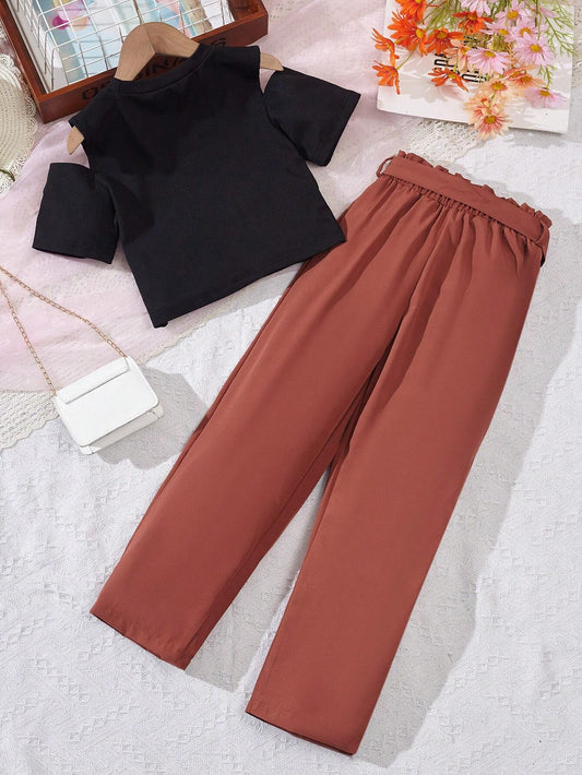 Tween Girl Cold Shoulder Tee & Paperbag Waist Belted Pants