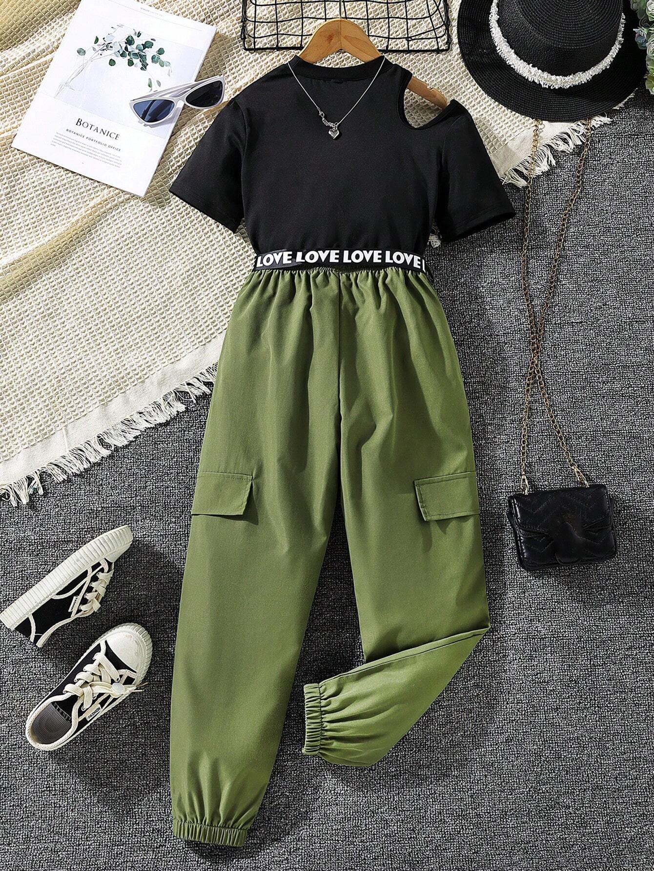 Tween Girl Cut Out Mock Neck Tee & Flap Detail Pants