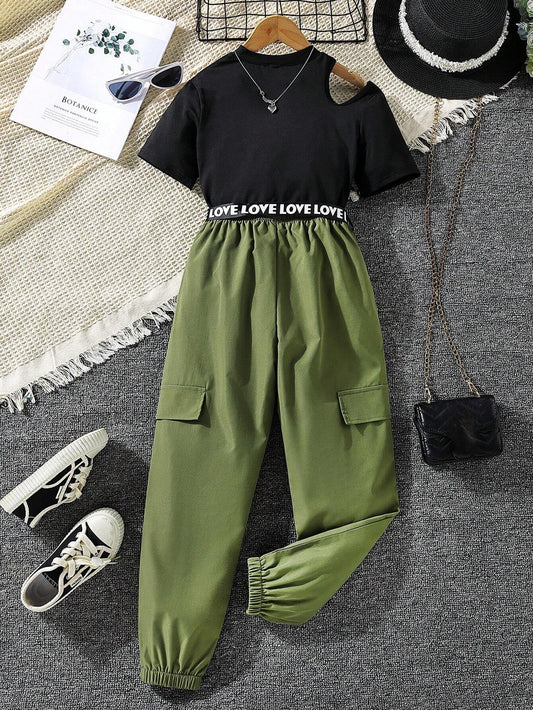 Tween Girl Cut Out Mock Neck Tee & Flap Detail Pants