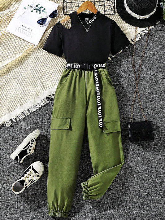 Tween Girl Cut Out Mock Neck Tee & Flap Detail Pants Multicolor
