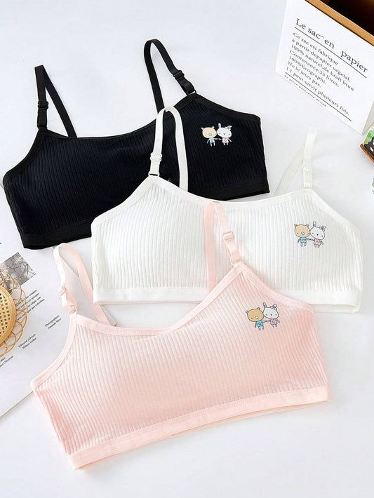 Tween Girl 3pcs Cartoon Graphic Ribbed Knit Wireless Bra Multicolor