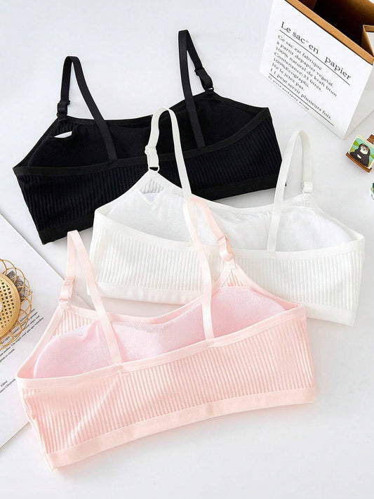 Tween Girl 3pcs Cartoon Graphic Ribbed Knit Wireless Bra