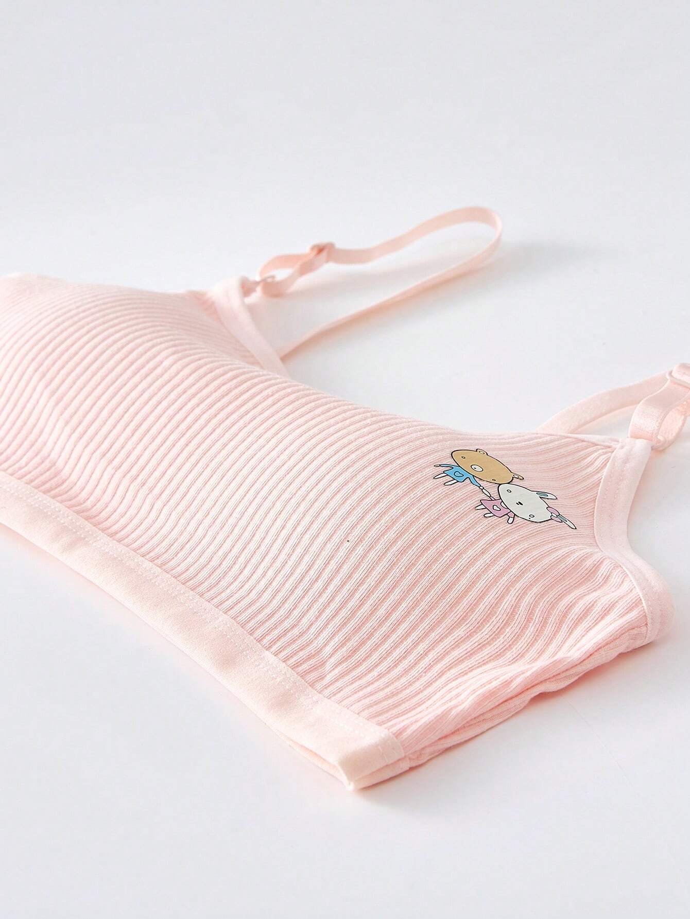 Tween Girl 3pcs Cartoon Graphic Ribbed Knit Wireless Bra