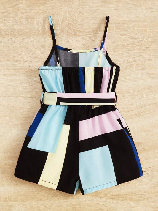 Baby Girl Colorblock Belted Cami Romper