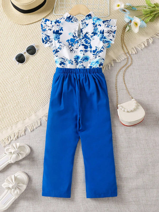 Young Girl Floral Print Ruffle Trim Blouse & Pants Set