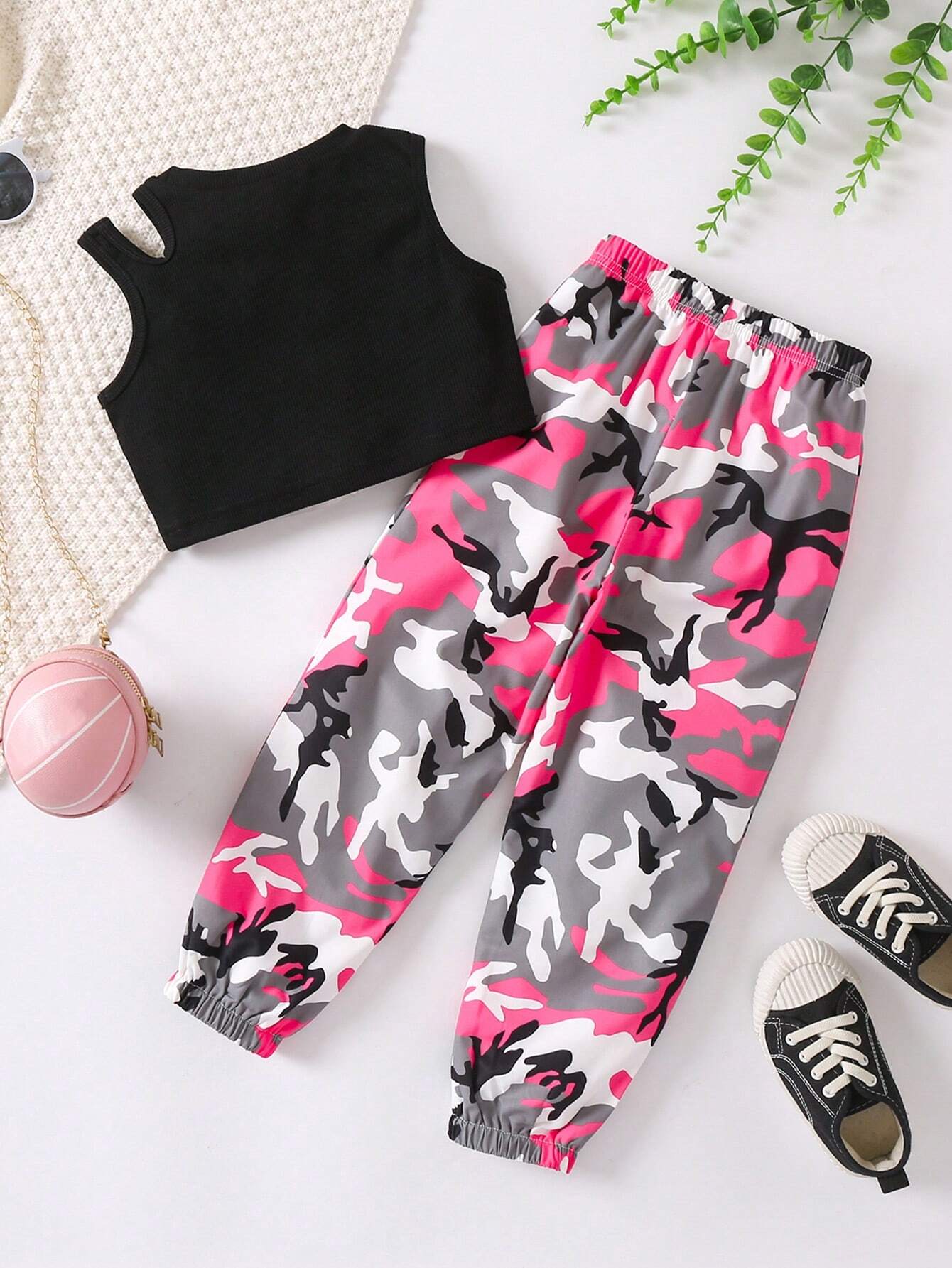 Young Girl Cut Out Tank Top & Camo Print Pants
