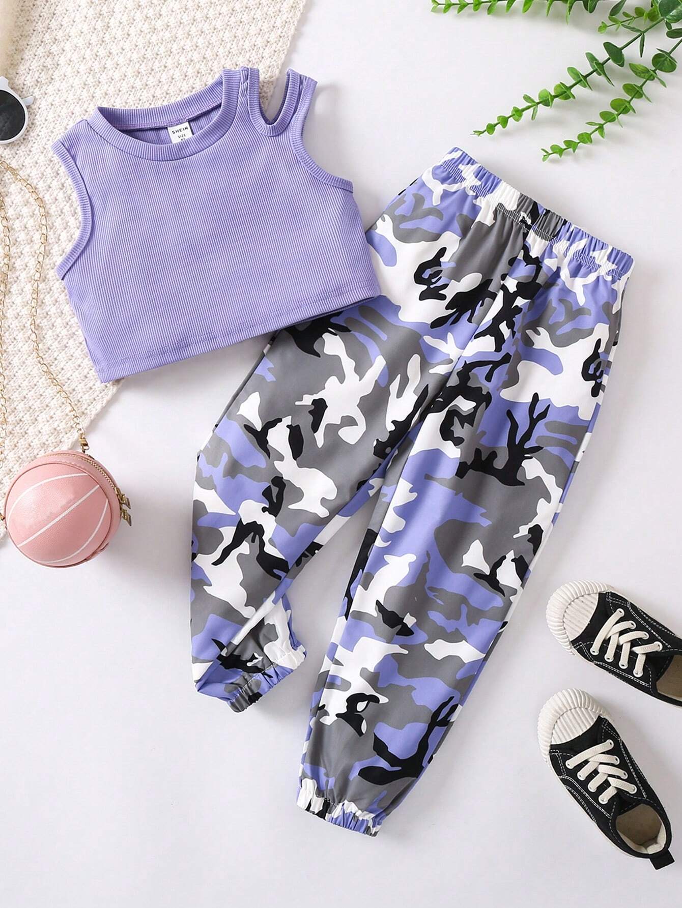 Young Girl Cut Out Tank Top & Camo Print Pants Purple
