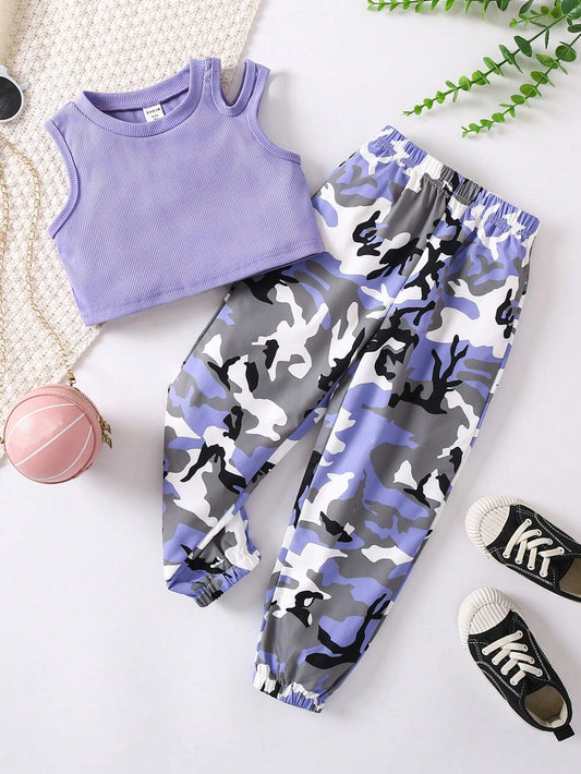 Young Girl Cut Out Tank Top & Camo Print Pants Purple