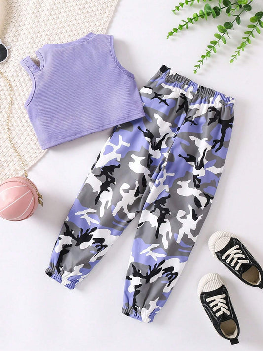 Young Girl Cut Out Tank Top & Camo Print Pants