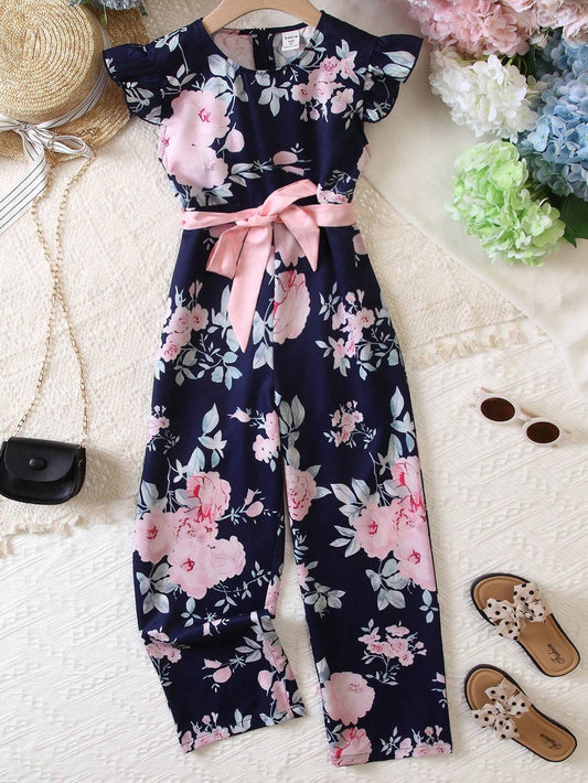 Tween Girl Floral Print Ruffle Trim Belted Jumpsuit Multicolor