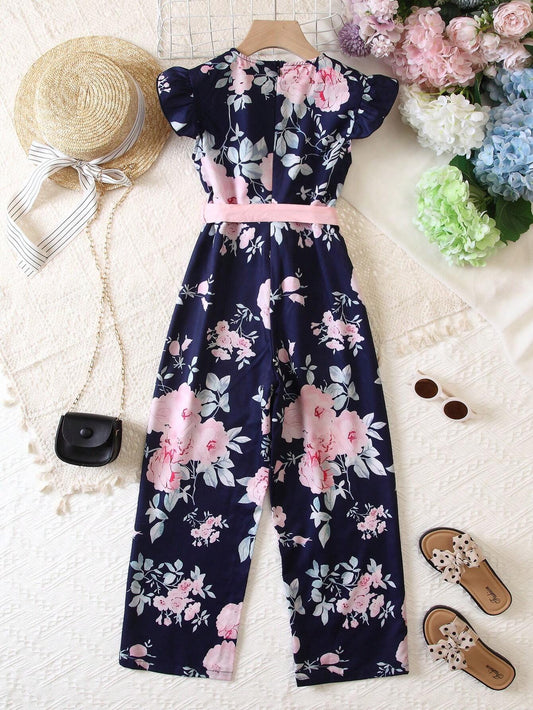 Tween Girl Floral Print Ruffle Trim Belted Jumpsuit
