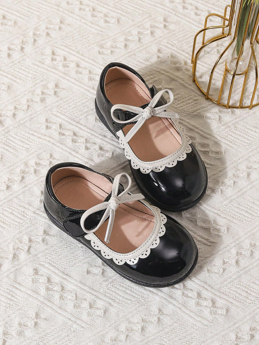 Girls Bow Decor Scallop Trim Hook-and-loop Fastener Mary Janes Shoes Black