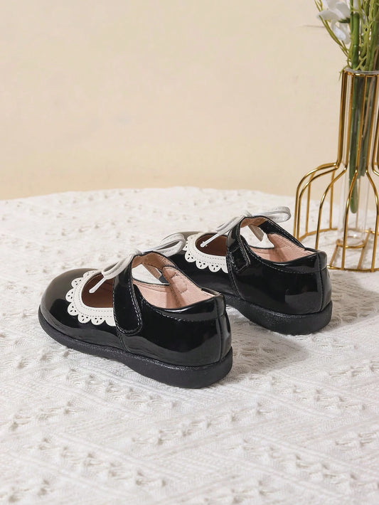 Girls Bow Decor Scallop Trim Hook-and-loop Fastener Mary Janes Shoes