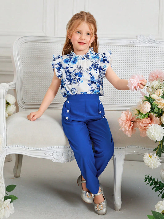 Young Girl Floral Print Ruffle Trim Blouse & Pants Set Blue & White 6Y