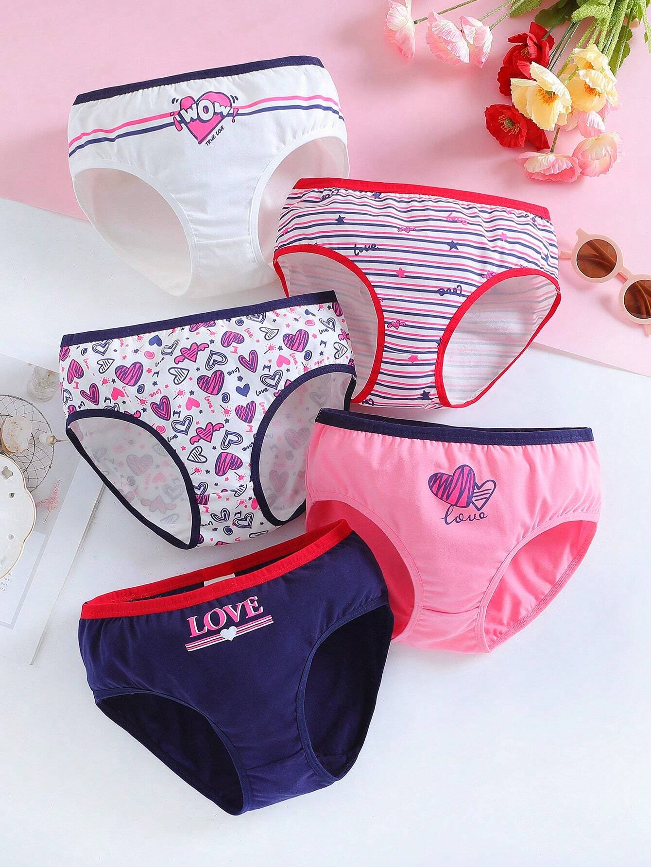 Tween Girl 5pcs Striped & Heart Print Contrast Binding Brief Multicolor 2