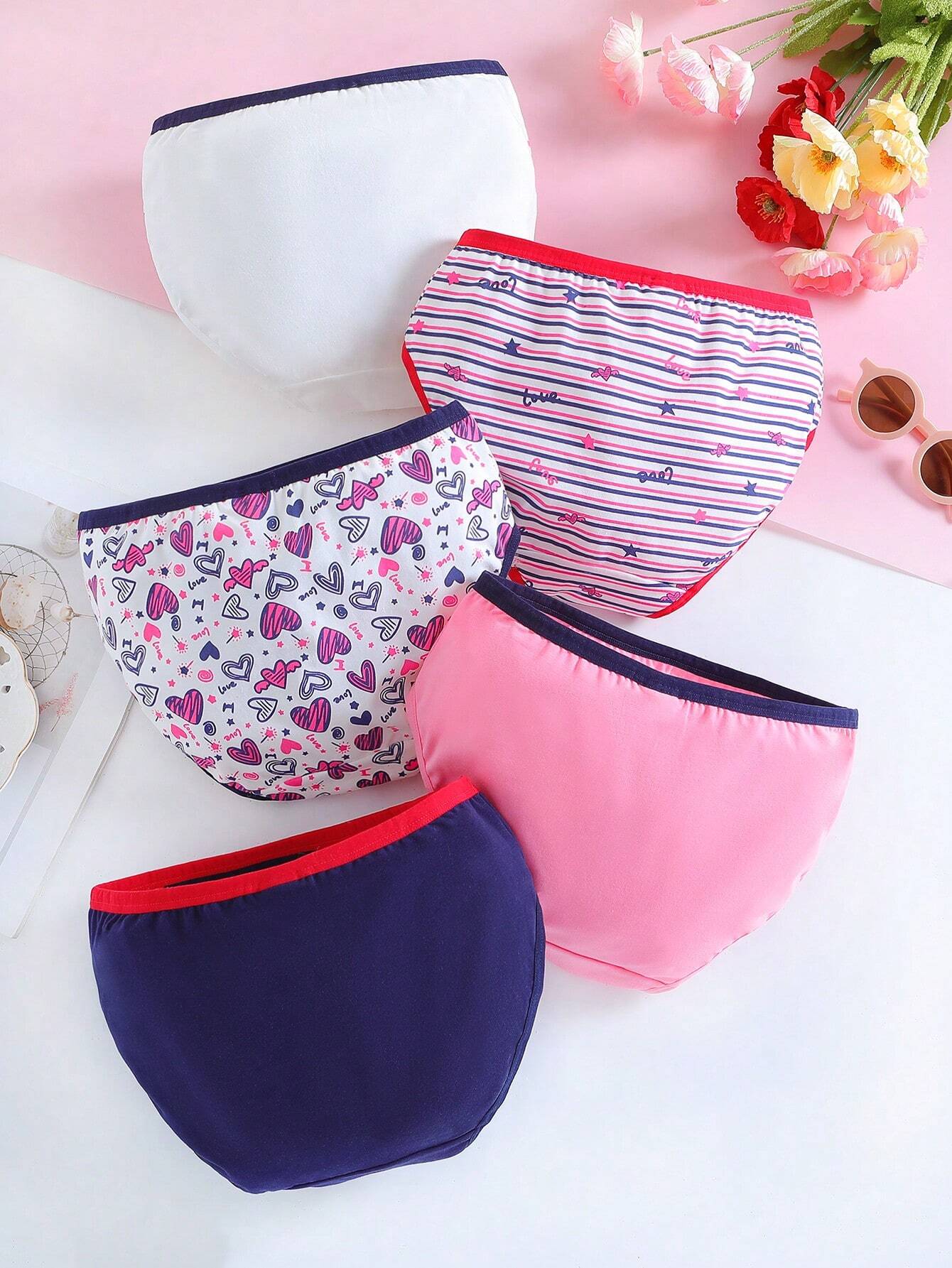 Tween Girl 5pcs Striped & Heart Print Contrast Binding Brief