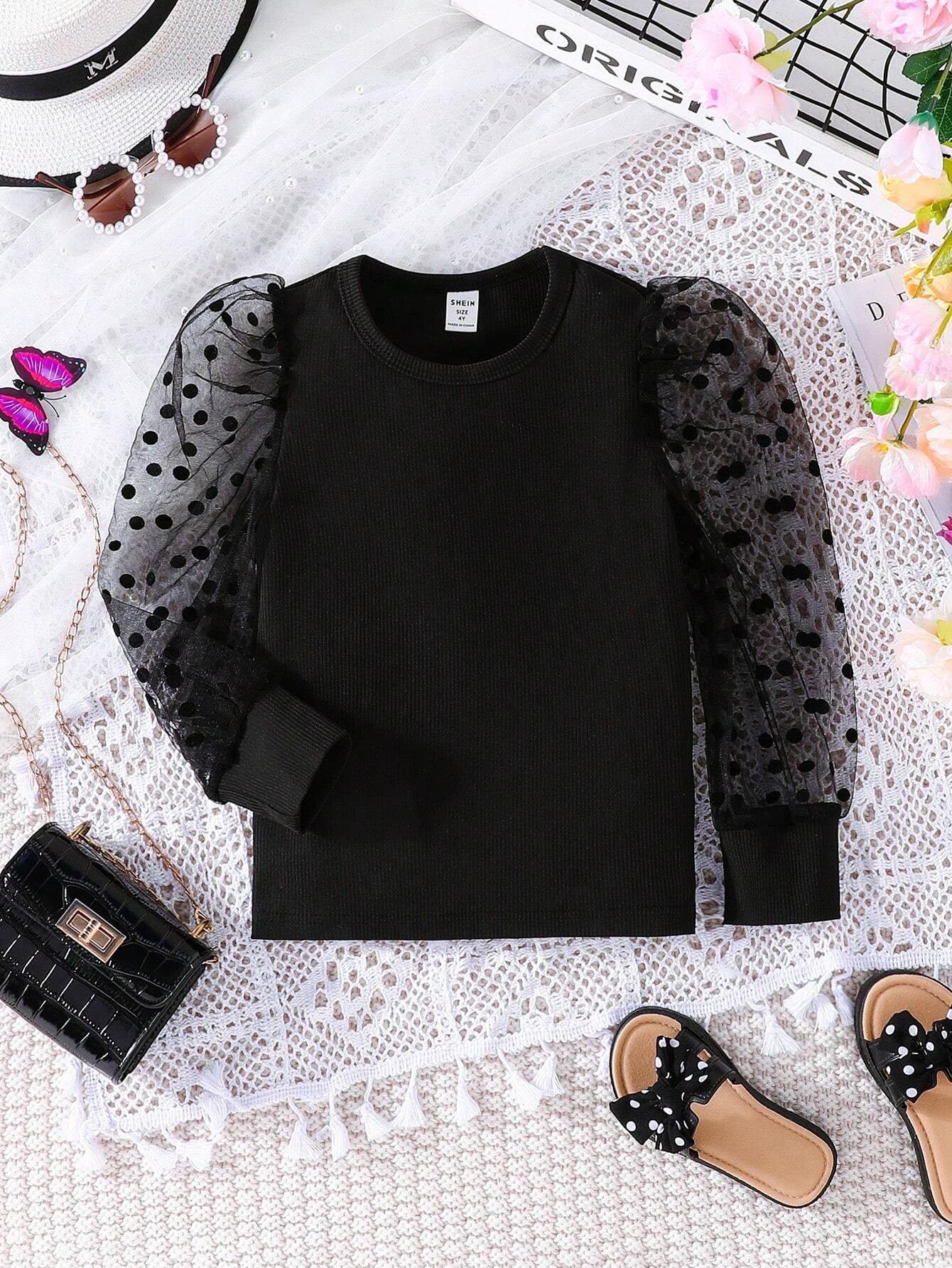 Young Girl Contrast Dobby Mesh Puff Sleeve Tee Black