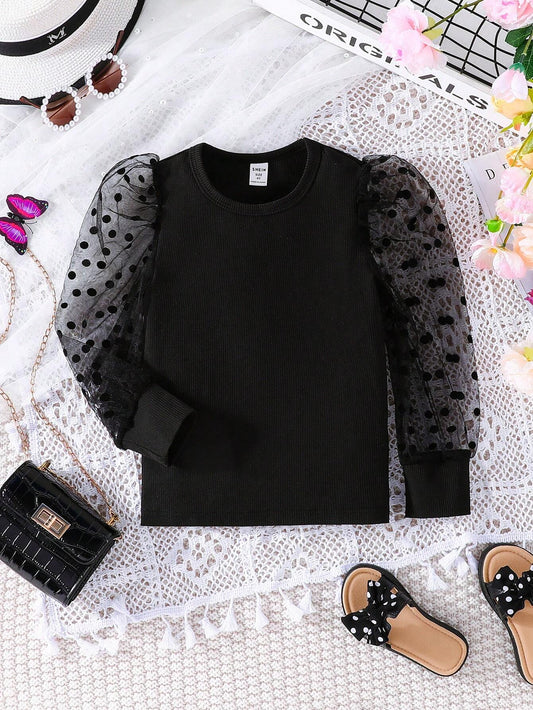 Young Girl Contrast Dobby Mesh Puff Sleeve Tee Black