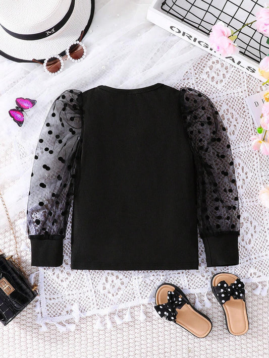 Young Girl Contrast Dobby Mesh Puff Sleeve Tee
