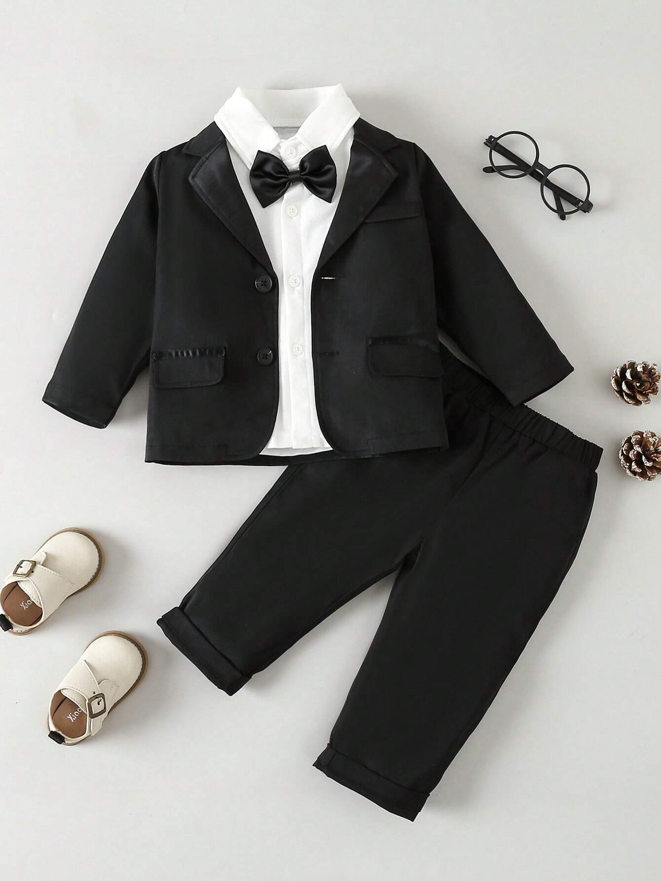 Glamorique Kids Baby Boy Contrast Collar Bow Front Blazer & Pants & Shirt Black