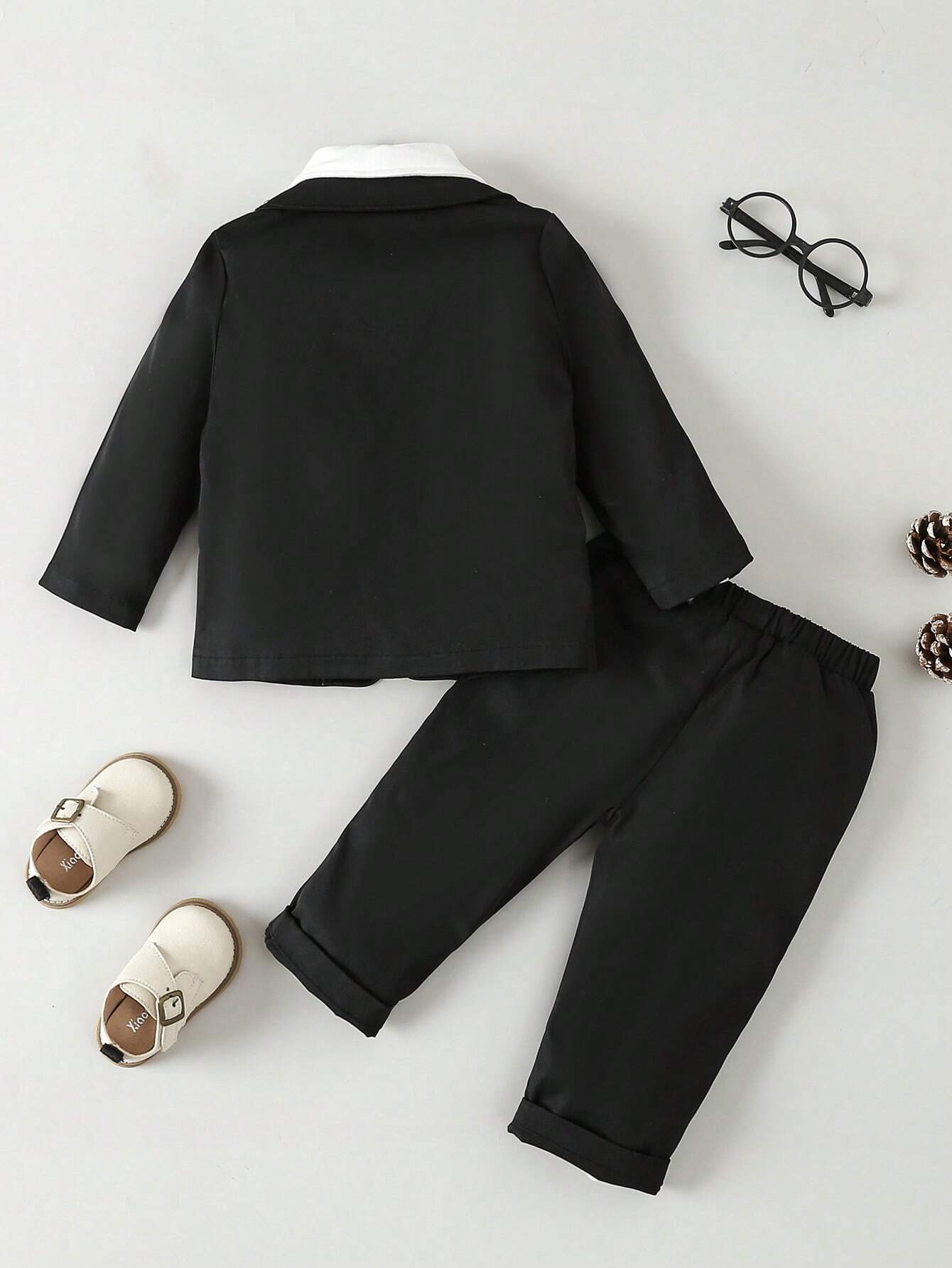 Glamorique Kids Baby Boy Contrast Collar Bow Front Blazer & Pants & Shirt