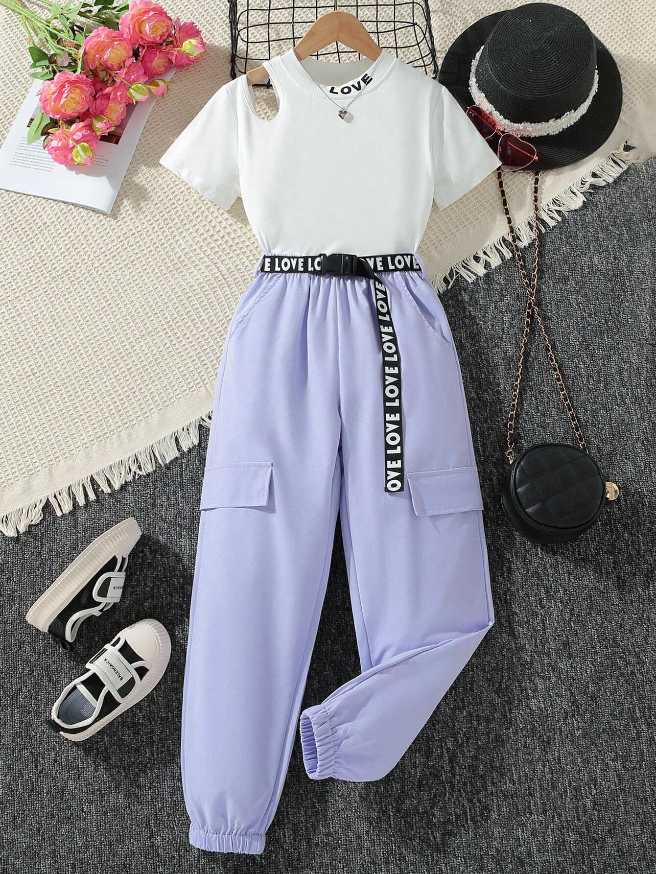 Tween Girl Cut Out Mock Neck Tee & Flap Detail Pants