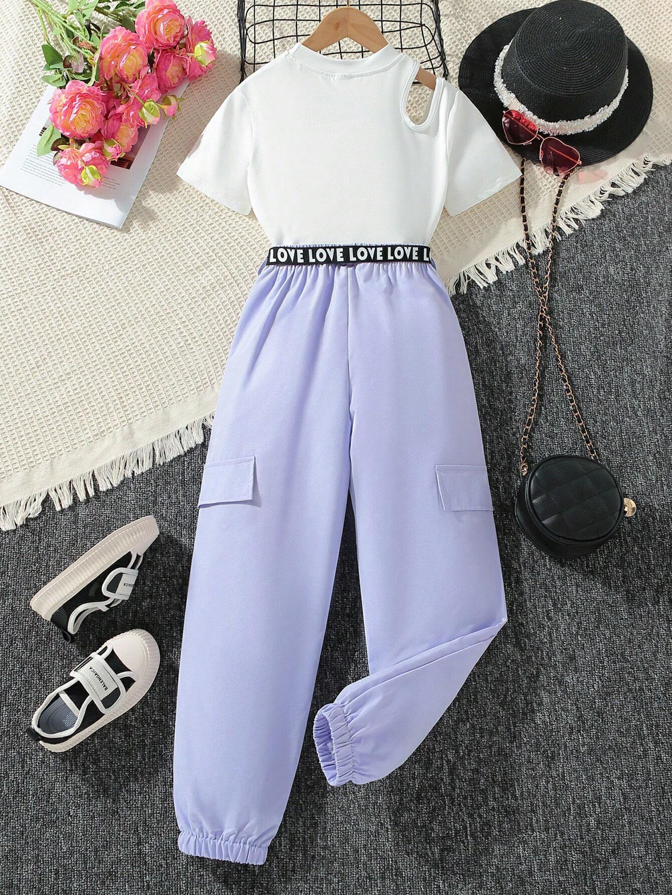 Tween Girl Cut Out Mock Neck Tee & Flap Detail Pants