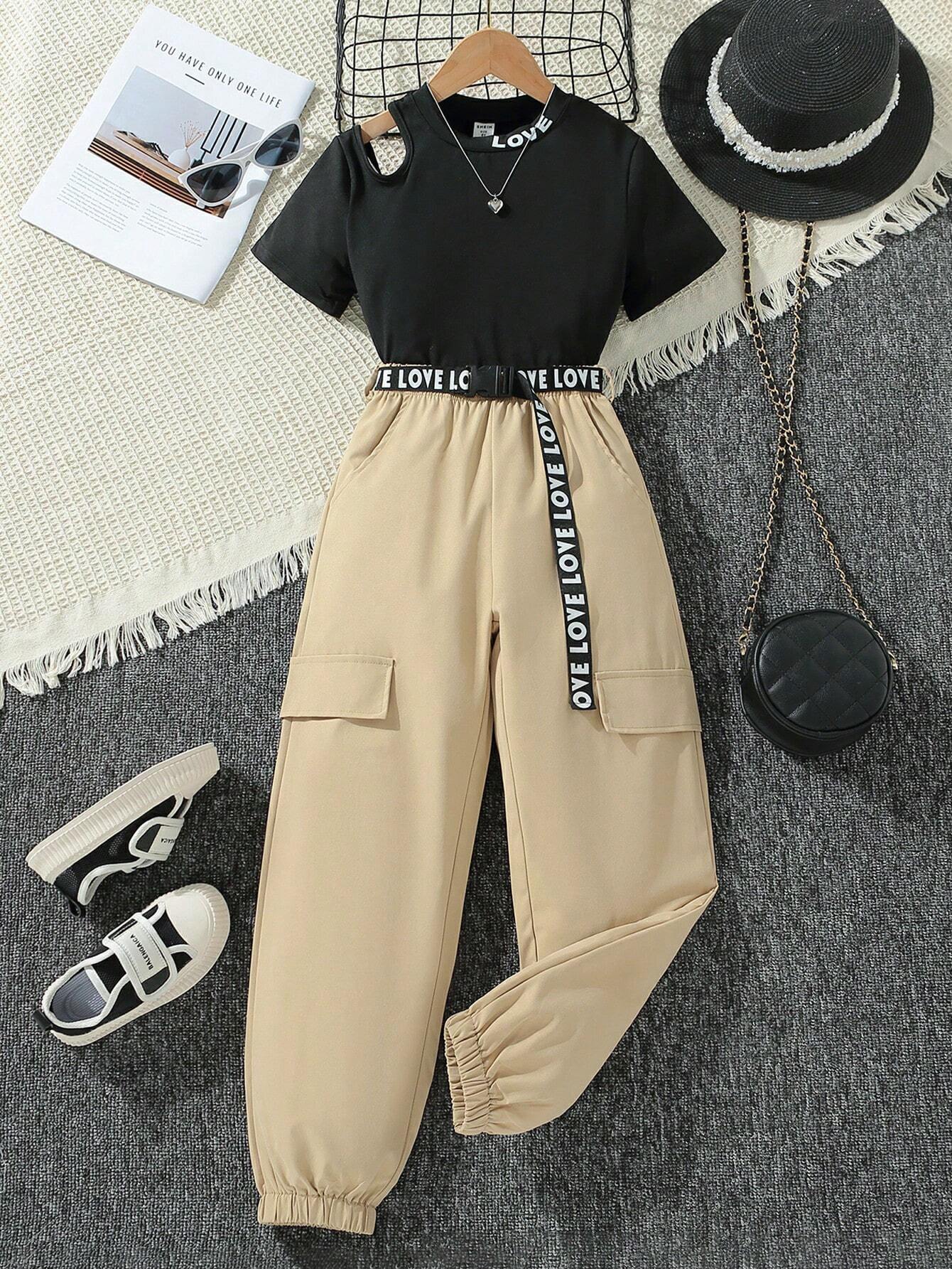 Tween Girl Cut Out Mock Neck Tee & Flap Detail Pants Multicolor 3
