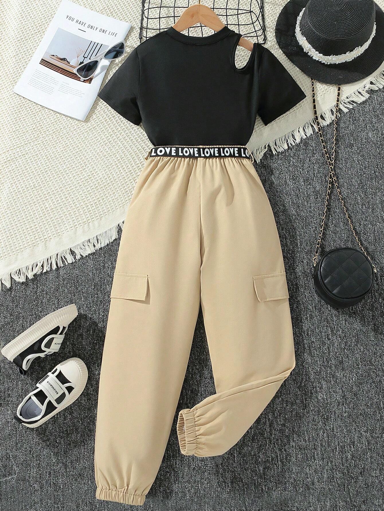 Tween Girl Cut Out Mock Neck Tee & Flap Detail Pants