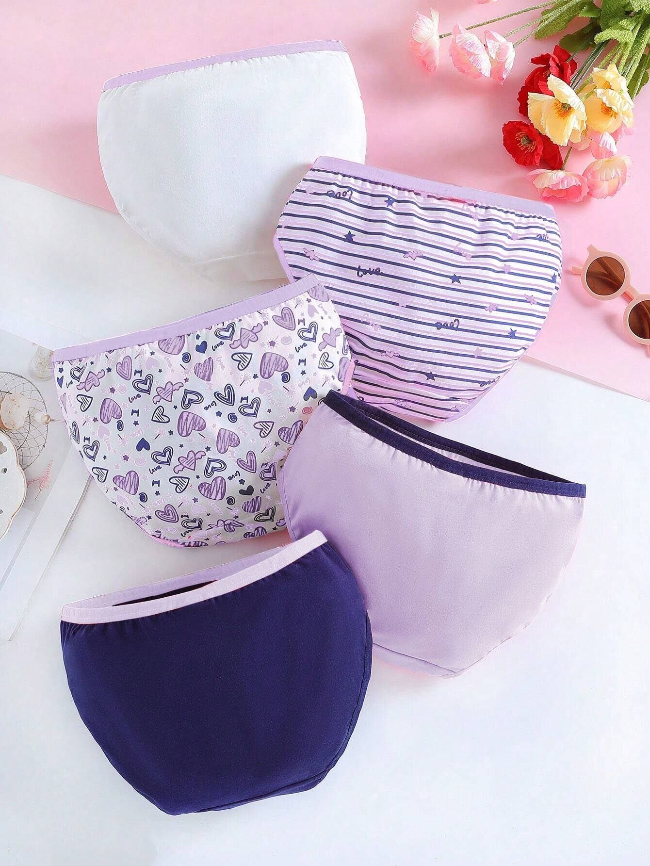 Tween Girl 5pcs Striped & Heart Print Contrast Binding Brief