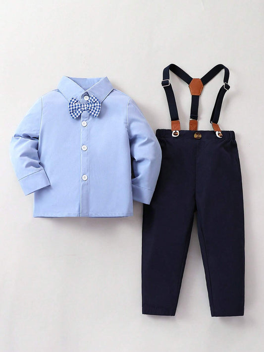 Baby Boy Gentleman Outfit With Bow Tie Shirt And Suspender Pants Navy Blue