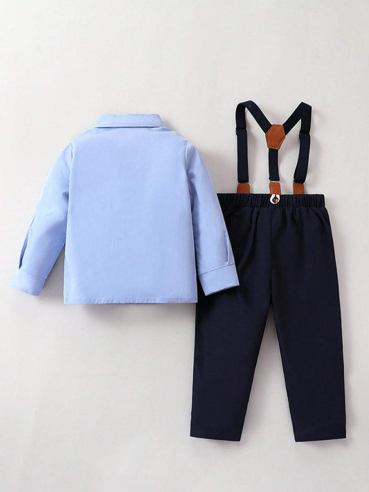 Baby Boy Gentleman Outfit With Bow Tie Shirt And Suspender Pants