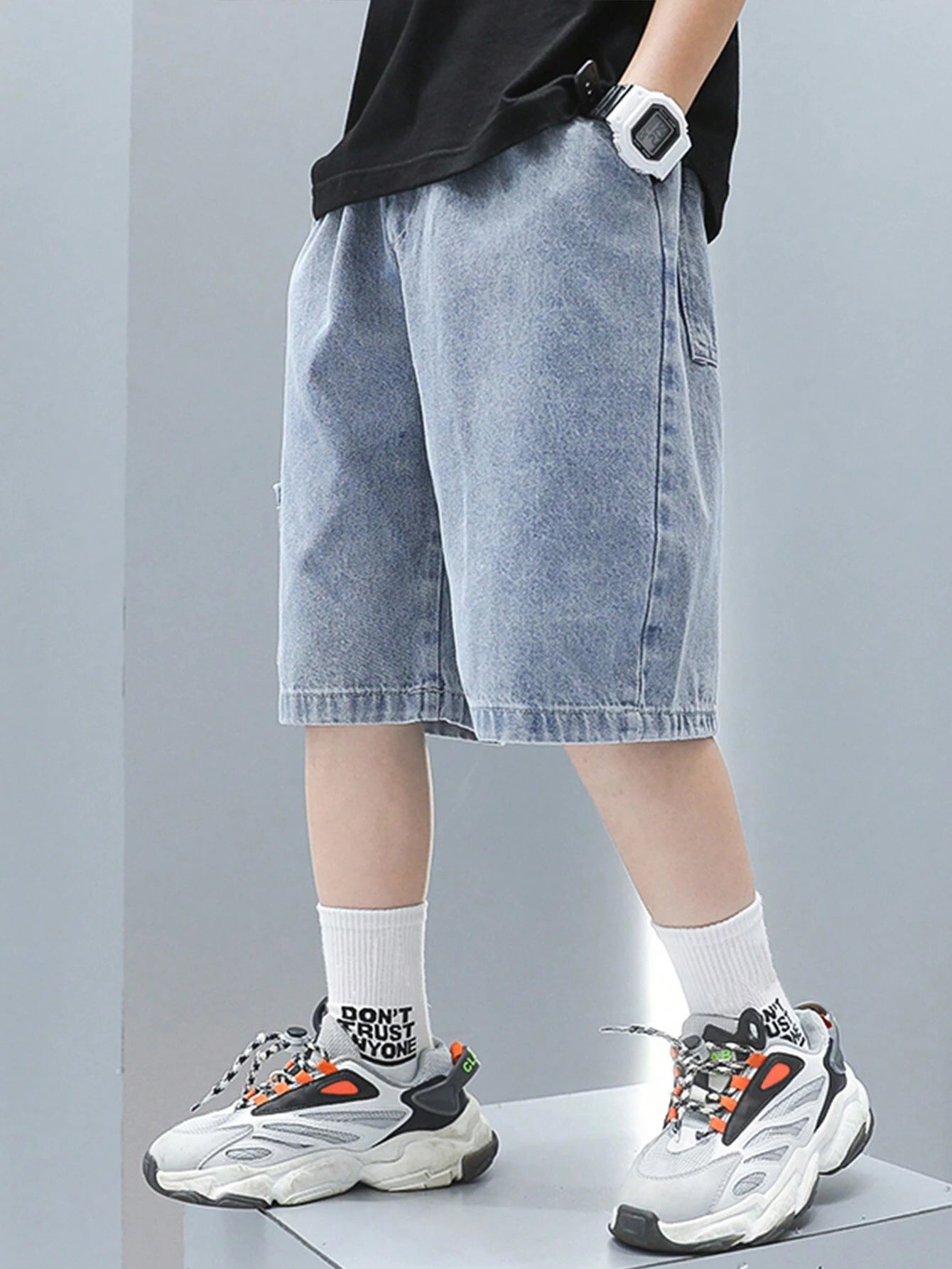 1pc Tween Boy Loose Letter Patched Pocket Casual Denim Shorts