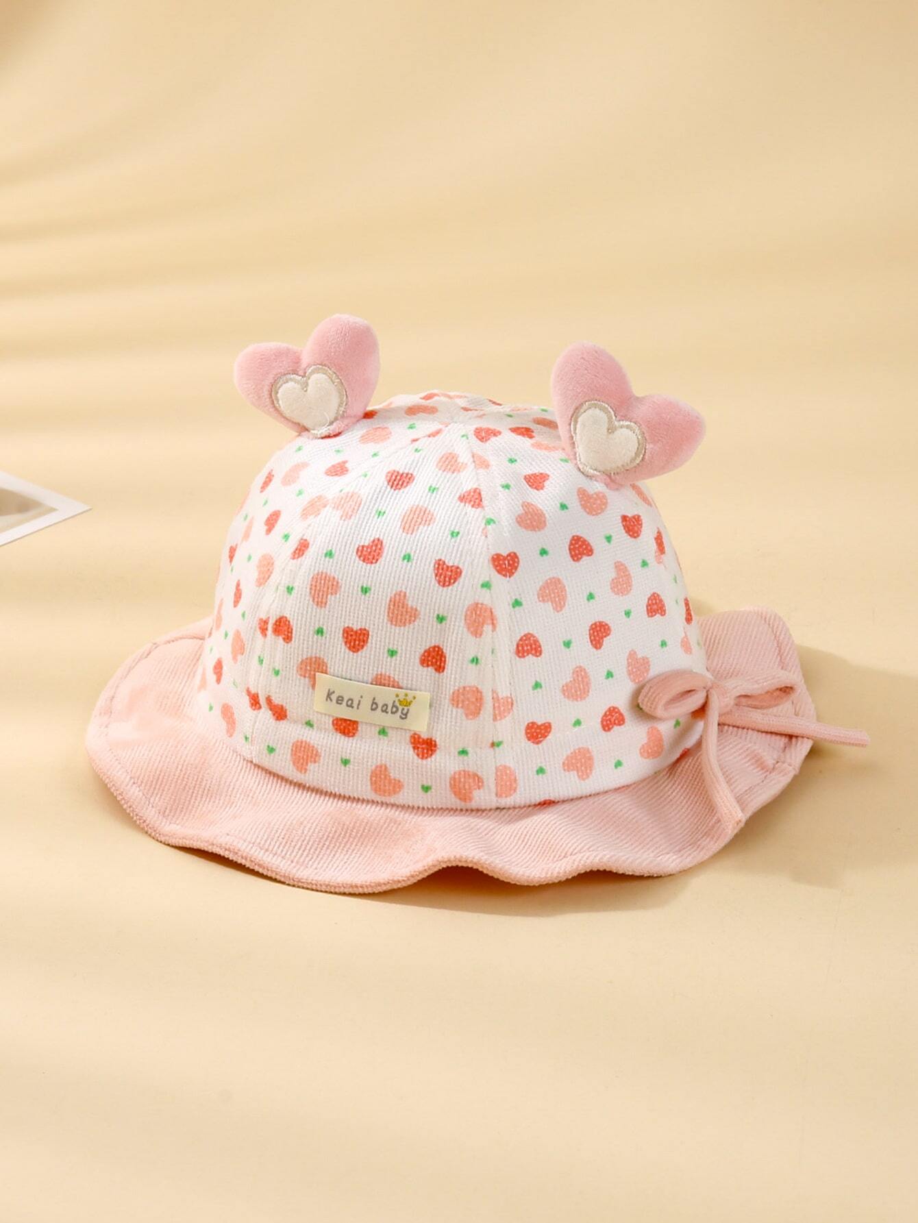 1pc Baby Girls' Cartoon Heart Bucket Hat Pink 3-12M