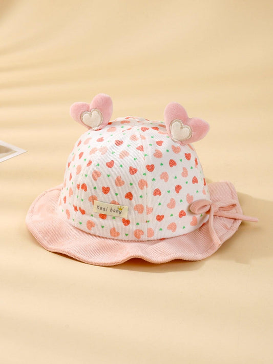 1pc Baby Girls' Cartoon Heart Bucket Hat Pink 3-12M