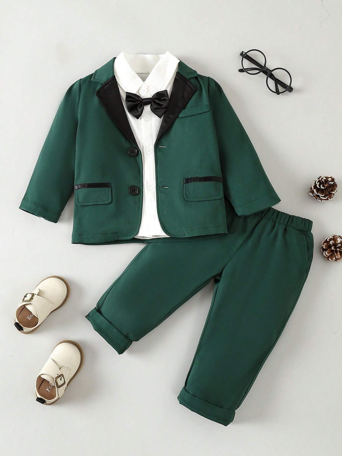 Glamorique Kids Baby Boy Contrast Collar Bow Front Blazer & Pants & Shirt Dark Green