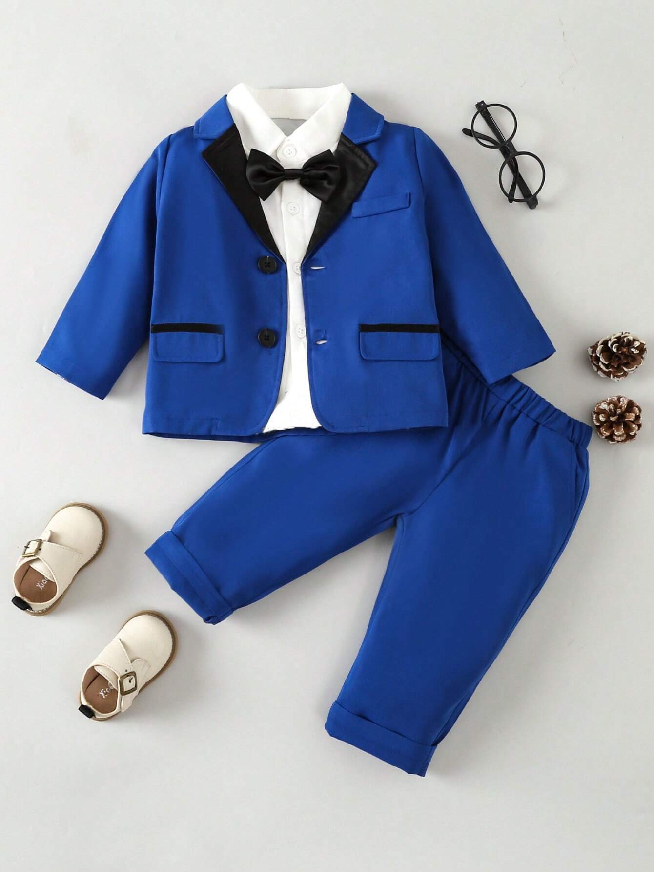 Glamorique Kids Baby Boy Contrast Collar Bow Front Blazer & Pants & Shirt Royal Blue