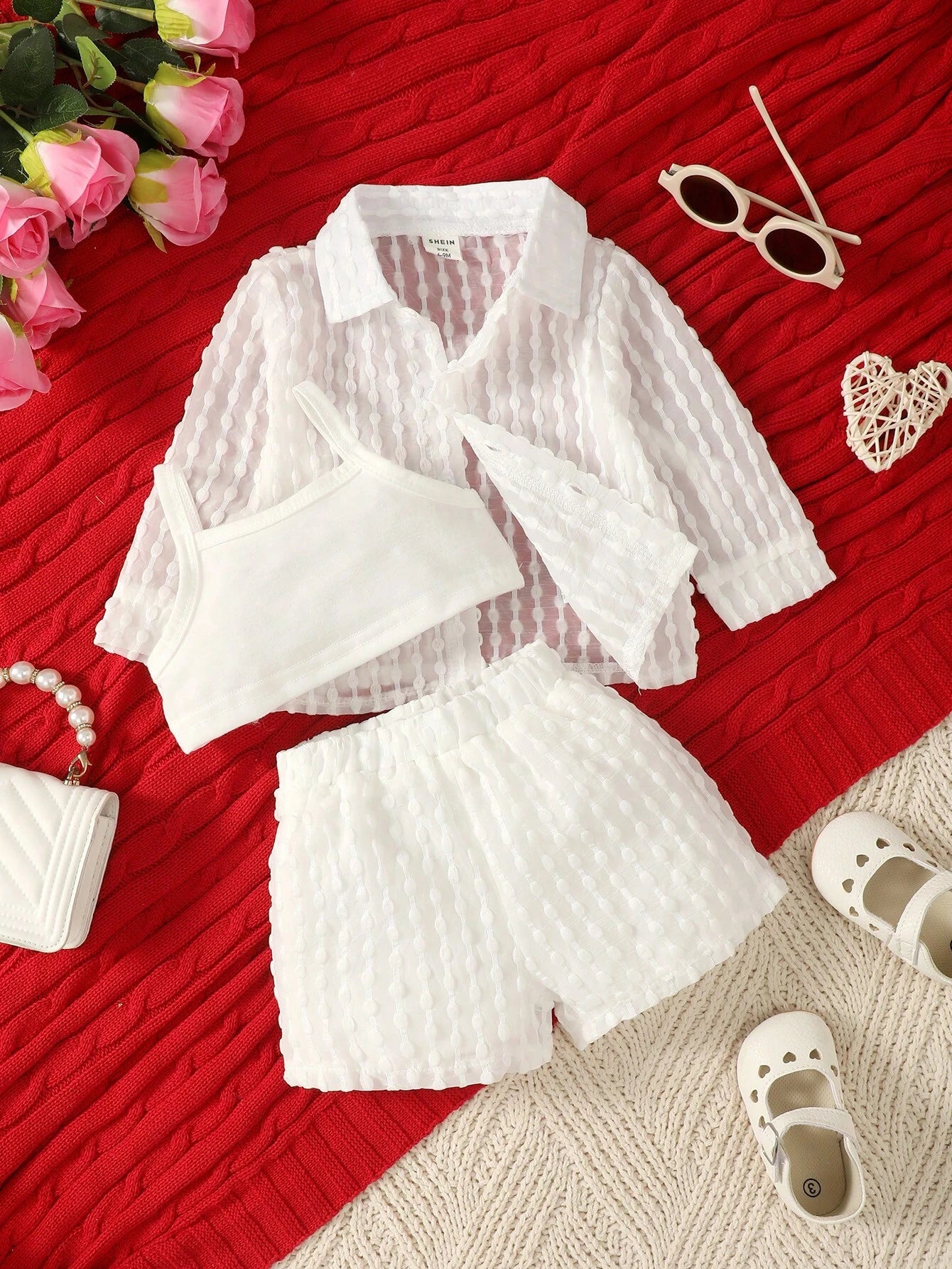 Baby Girl Solid Cami Top & Shorts & Button Up Shirt White